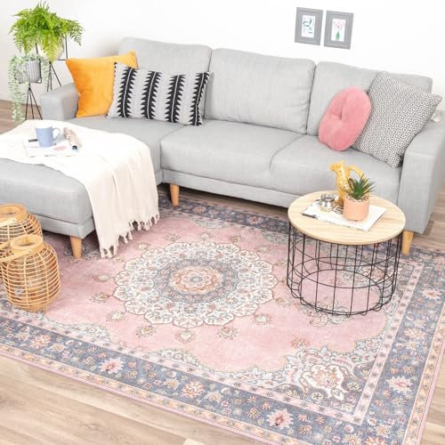 FRAAI | Home & Living Teppich Vintage - Lily Medaillon Rosa - Baumwolle, Polyester - Flachgewebe - Vintage - Wohnzimmer, Esszimmer, Schlafzimmer - Carpet