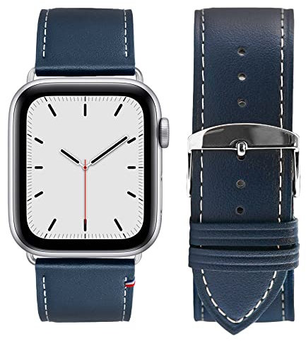Eternel - Simple tour Bracelet iconique - Compatible toutes Apple Watch - 45/46mm - Fait main en France - Tannage végétal - Bleu Marine - Adaptateurs aluminium argent