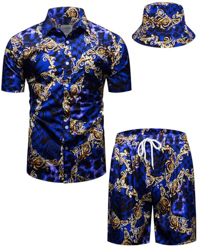fohemr Mens Luxury Shirt and Short Set Outfit Baroque 2 Piece Gold Chain Leopard Print Button Down Casual Hawaiian Shirt Suits with Bucket Hat Purple X-Large