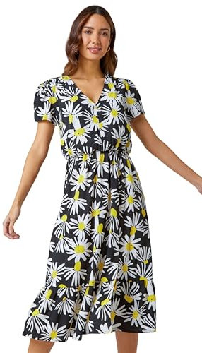 Roman Shirred Empire Waist Dress for Women UK Ladies Midi Maxi Summer Spring Tiered Frill Hem Short Sleeve V Neck Button Through Boho Bohemian Holiday Cruise - Yellow Black - Size 12