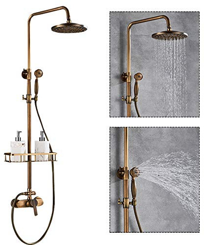 Système de douche en laiton vieilli - Rétro doré - Pommeau de douche - Colonne de douche - Pommeau de douche avec étagère de rangement - Hauteur réglable 75 à 120 cm