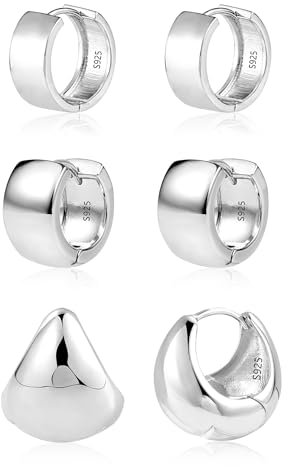 Silber 925 Creolen Set Creolen Klobig Kleine, 3 Paar Silber 925 Ohrringe Set Damen Creolen Klobig Kleine Knorpel Huggie Creolen Leicht Breit Silber Ohrringe Oval Glitz Creolen Kleine Damen