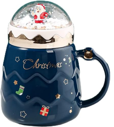FülleMore Süße Weihnachtstasse Keramik Kaffeetasse mit Deckel und Griff Teetasse 500ml Milchbecher Geschenk 3D Weihnachtsmann Weihnachtsbecher für Heiß- & Kaltgetränke (Blau)