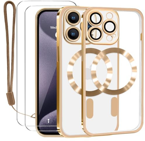 Lafunda Coque pour iPhone 15 Pro Max avec 2×Verre Trempé et Caméra Protecteur Coque Compatible avec MagSafe Magnétique pour iPhone 15 Pro Max Film Protection D'écran Transparente Aimantée Or