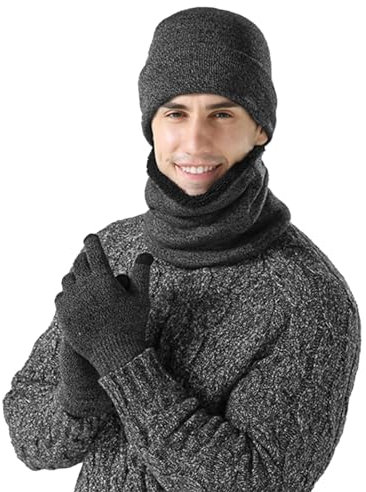 HOOPOE Mütze Schal Handschuhe Set Damen Herren, Warme Touchscreen Handschuhe, Bonnet Hiver, Unisex, Erwachsene, Outdoor-Enthusiasten, Classic Contemporary, dunkelgrau, Einfarbig, Winter, Radfahren
