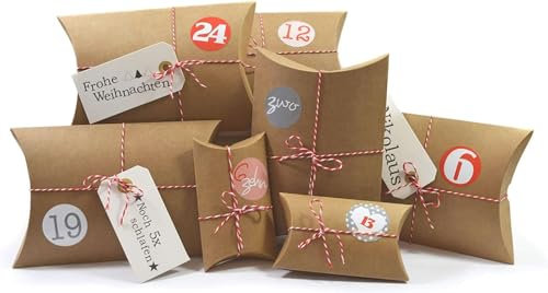 Frau WunderVoll® DIY Adventskalender zum Befüllen HoHoHo Kraftpapier/Vintage/natur, Ziffern rosa-rot/Weihnachtskalender Bastelset Weihnachten,Schachteln,Kissenschachteln, Pillowbox