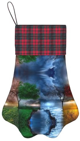 Pet Dog Christmas Stockings with Paw, Plaid Dog Stocking for Christmas Decorations, 17x11.8 Four Season Tree of Life