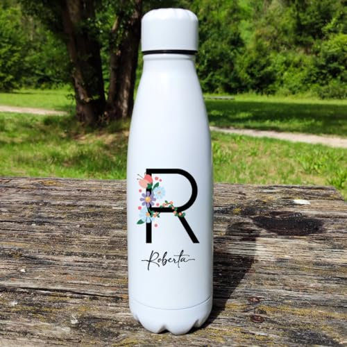 Borraccia termica Personalizzata con Nome - 500 ml - Tempo Libero - Idea Regalo - Compleanno (Iniziale Floreale + Nome)