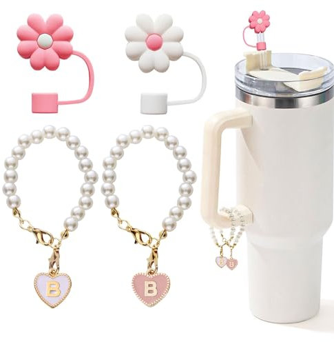 LUHOHI Abalorios para taza Stanley, 2 cadenas de perlas para accesorios de copa Stanley, mango con 2 fundas de pajita, decoración de botella de agua, joyería, vaso, decoración personalizada, etiqueta