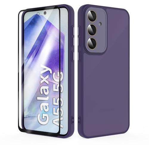 SMYTU Coque Compatible avec Samsung Galaxy A55 5G 6,6 Pouces avec Verre Trempé,Mat HalfTransparente Protection Antichoc Souple Silicone TPU étui Bumper Housse Case Cover, Violet foncé