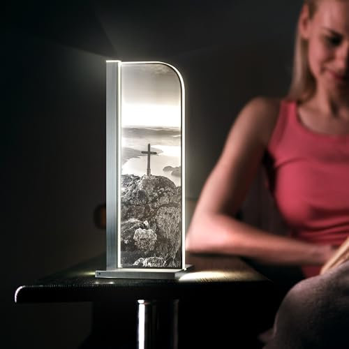 Luverre Tischlampe | LED-Leuchte | Glas-Leuchte mit Gravur für Nachttisch, Kommode, Wohnzimmer | Natur, Landschaft, Berg (Gipfelkreuz, Segel | silber)