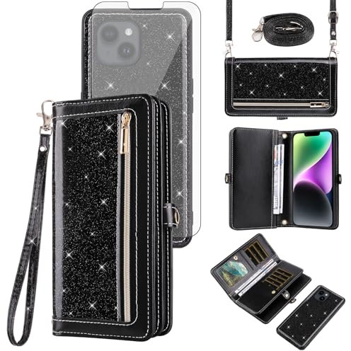 Asuwish Phone Case for iPhone 14 6.1 inch Zipper Wallet Detachable Cell Cover with Tempered Glass Screen Protector Strap Bling Glitter Flip Card Holder iPhone14 5G i i-Phone i14 14Case Women Black
