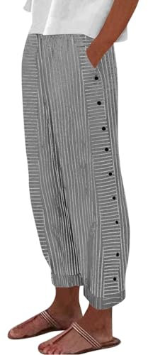 Sommerhosen Damen,Leinenhose Damen 7/8,Damen Sommer Leicht Sporthose Baumwolle Leinen Stoffhose Lockere Einfarbig Sommerhose Lässig High Waist Strandhose mit Taschen,Schwarz,L