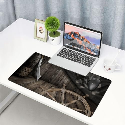 EYLOZS Großes Gaming-Mauspad mit genähten Kanten,mit rutschfeste Unterseite,Schiffsrad-Dekor, Lenkrad mit Alter Jolly-Roger-Flagge und,Cooles Schreibtischpad für Tastatur und Maus,40x90 cm