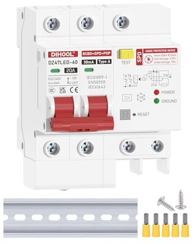 DIHOOL parafoudre type a disjoncteur de courant de défaut parafoudre type 2 Protection contre les surintensités 2 pôles 20A 30MA 120V / 240V Rail DIN