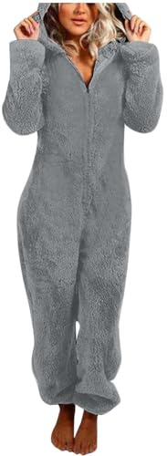 Vhersily Pagliaccetto in Peluche da Donna Pigiama Intero Pile di Corallo Tuta Maniche Lunghe Tutina Cerniera Felpe con Cappuccio Indumenti Notte Invernale Intera Comodo Manica Lunga Pigiamone Set
