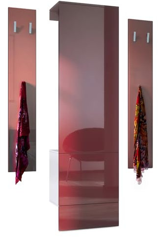 Vladon Garderoben-Set Hollywood, bestehend aus 1 Garderobenpaneel mit integrierter Tür, 1 Kleiderstange und 1 Wandpaneel Set, Weiß matt/Bordeaux Hochglanz