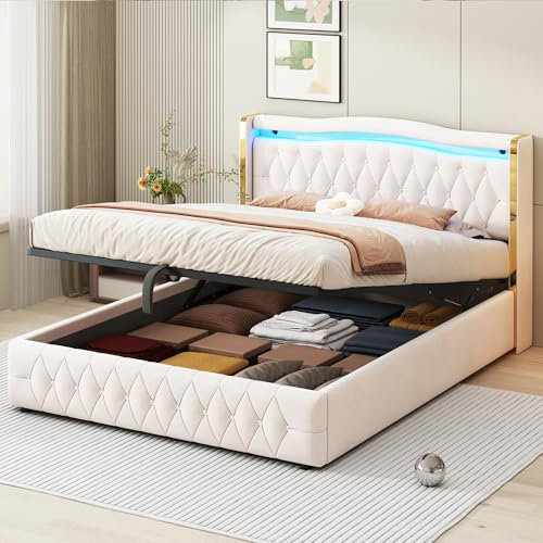 Gegtuon Polsterbett Bett 160x200 cm mit Rautenakzenten, Doppelbett mit LED-Licht und Kopfteil, Stauraumbett Bettrahmen mit Hydraulisch Stauraum, Jugendbett mit Lattenrost, ohne Matratze, Samt, Beige
