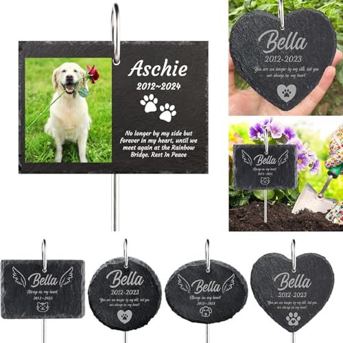 MJARTORIA Personalisiert Tiergrabstein Grabstein Hund Katze Grabplatte Grabstecker mit Gravur, Individuelles Grabschmuck Wetterfest Herz Grab Gedenkstein mit Namen Datum (Schwarz Eckig mit Foto)
