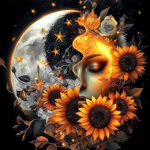 AIRDEA Sonne und Mond Diamond Painting Erwachsene, DIY 5D Sonnenblume Diamant Painting Bilder, Bastelset Erwachsene Frauen als Haus Wanddeko 30x30 cm
