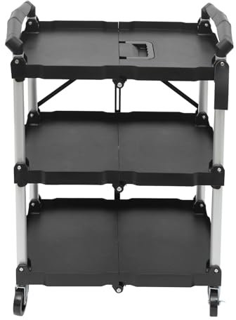 3-Tier Service Carts with Wheels, 3 Tier Catering Trolley, Folding Tool Trolley, Foldable Rolling Service Cart Kitchen Storage CartCleaningTrolley, ToolTrolley, WorkshopTrolley (Black)