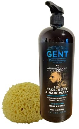 Shower Gel for Men - XL Bottle 1 Litre - 3-in-1 Body Wash Face Cleanser and Shampoo - The Gent - Hydrating Cedar and Neroli - Bundle with Rainbow Gifts Soft Sponge