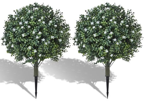 KMTOSA Artificial Boxwood Topiary Shrub with White Flowers,Set of 2 Artificial Boxwood Ball Bush with Metal Spike, UV Resistant Realistic Faux Shrubs for Garden, Yard, Patio, Porch Outdoor Decor