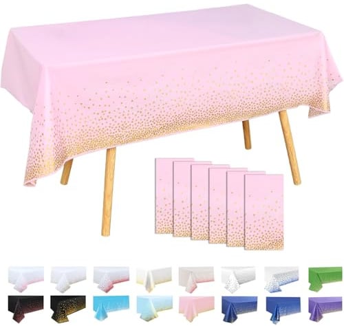 MOMAHUA Lot de 6 Nappes Plastiques à Pois Fond Rose avec Pois Dorés 137x274 cm – Nappe Rectangulaire Réutilisable pour Fête Anniversaire, Décoration Table Événement Sportif, Imperméable Anti-Taches