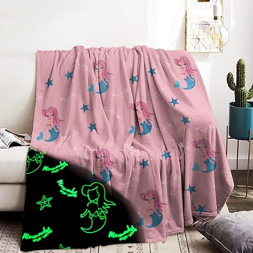 IUNTWEIE Kuscheldecke Kinder 150x200cm, Meerjungfrau Glow in The Dark Decke,Weiche FlanellDecke,Geschenke für mädchen Decke Rosa (MRYU, 150x200cm)
