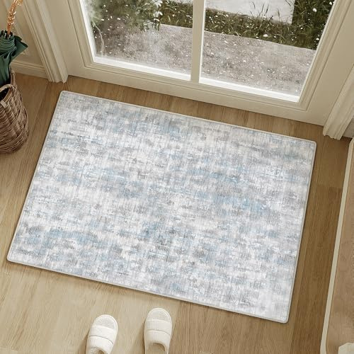 PureCozy Grau Blau Fußmatte Teppich 60x90 Fussmatte Schlafzimmer Teppiche Waschbarer Boho rutschfest Abstrakt Carpet Bettvorleger Büroteppich Kurzflor Weich Kleiner Carpets