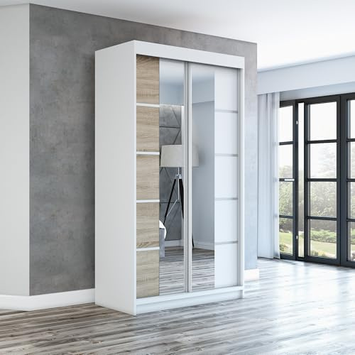 A&J MöbelLand Schwebetürenschrank ERA Kleiderschrank 2-türig mit Spiegel, Garderobe 120 cm (Weiß/Sonoma/Weiß)