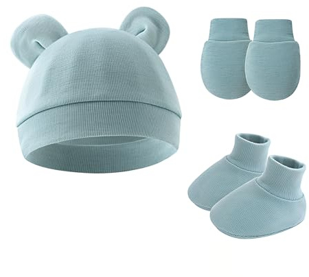 EUYKQNOI Babymütze Neugeborene 3er Set, Weiches Mützenset mit Handschuhen und Schuhen, Unisex Baby Wärmeset für Jungen und Mädchen 0-6 Monate