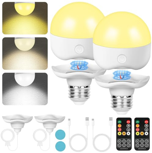 HOTUT USB Rechargeable Light Bulb, Magnetic E27 Battery Operated Light Bulbs with Remote Control & Timer, 3 Color Temperature Dimmable Light Bulb for Non Hardwired Lamps, Camping, Emergency, 2 Pack