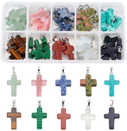 PH PandaHall 50pcs Stein Kreuz Charms 10 Farbe Edelstein Anhänger Kreuz Quarz Kristall Chakra Charms für Ostern Valentinstag Ramadan Dekoration Halskette Ohrring Armband Schmuck Herstellung