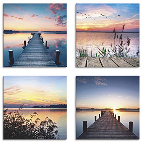 ARTLAND Wanddeko Strandbilder Leinwand Bilder Set 4 tlg. je 40x40 cm Quadratisch Wandbilder Landschaft Gewässer See Pier Abend Schilf Sonne K2JK