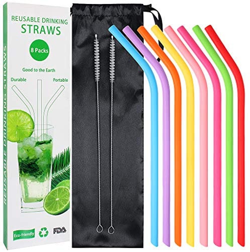 8 Pieces Set Reusable Silicone Drinking Straws with 2 Cleaning Brushes and Carrying Bag Eco-Friendly Food Grade Silicone Drinking Straws Multiple Colors-9.84 * 0.32 * 0.2 inch (Bent)