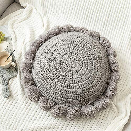 Nicole Knupfer Runde Boho Kissen mit Pompoms, Makramee Kissen Bodenkissen Gewebt Dekokissen Rund, Sitzhocker, Sitzkissen Zuhause Sofa Dekor (Grau)