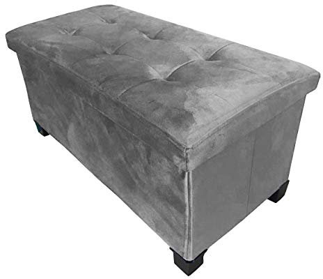 HomeHarmony® Velvet Folding Storage Ottoman Bench Cube Footrest with Legs/Feet Quick and easy to Assemble (Silver Grey, Large)