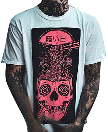 kewing Men's Skull Short Sleeve T-Shirt Loose Cartoon Anime Casual Skull Male Print T-Shirt