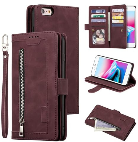 UEEBAI Hülle für iPhone 6 Plus 6S Plus, Vintage Reißverschluss Handyhülle PU Leder Handytasche Silikon Bumper 9 Kartenfächer Standfunktion Geldbörse Trageband Schutzhülle Flip Wallet Case - Wein Rot