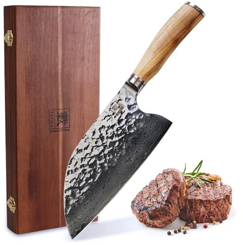 zayiko Minami Premium Kochmesser Chai Dao mit 20 cm Klinge gefertigt aus 67 Lagen echtem Damaststahl mit Hammerschlag und Olivenholzgriff I Holzbox I Damastmesser Küchenmesser und Profi Kochmesser