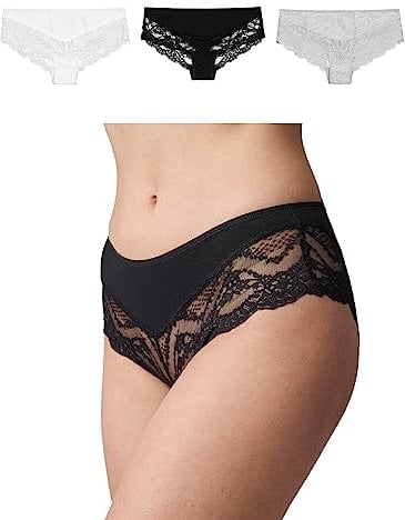 Snocks 3er Pack Hipster Lace - Damen Baumwolle Panties mit Spitze - Unterhose Damen Slip - Gr. S - Farbe Mix (White/Grau/Schwarz)