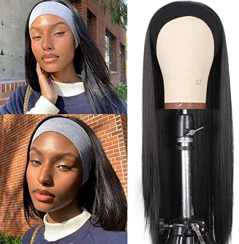 Leeven 61 cm schwarze Stirnband-Perücke hitzebeständig klebefrei ohne Spitze Stirnband-Perücken für Damen maschinell hergestellt Schal schwarze gerade Perücke / 1B