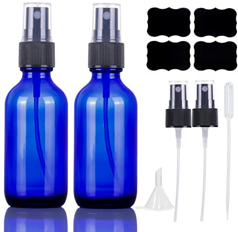 Flacon Vaporisateur Spray Vide Verre Bleu 60ml,Petit Bouteille Spray Vide Vaporisateur Parfum Rechargeable pour Cosmétiques et Huiles Essentielles avec Pulvérisateur de Brume Supplémentaire(2 Pcs)
