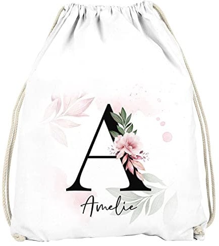 SpecialMe® Kinder Turnbeutel personalisiert Buchstabe Monogramm Initiale personalisierte Geschenke Mädchen Jungen Blumenhintergrund weiß Unisize