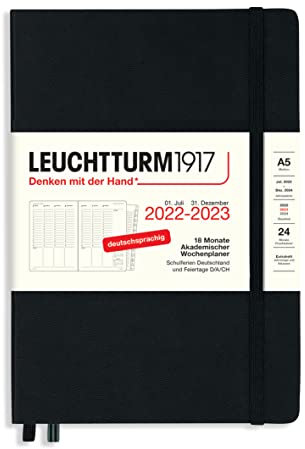LEUCHTTURM1917 365812 Akademischer Wochenplaner Medium (A5) 2023, 18 Monate, Schwarz, Deutsch