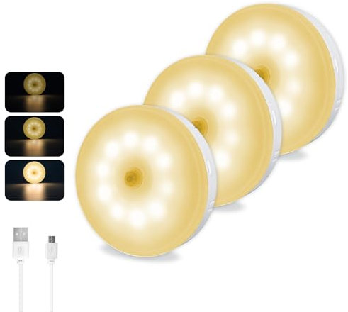 Lampe Détecteur de Mouvement Dimmable Blanc Chaud, 10 LEDs, USB Rechargeable, 0.5W Lampe Armoire Détecteur sans Fil, Lampe Magnétique pour Escalier Chambre, Lumière Détecteur, lot de 3