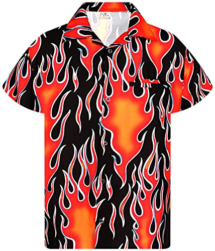 King Kameha Funky Hawaiian Shirt, Men, Shortsleeve, Flames Wild, Red, XXL