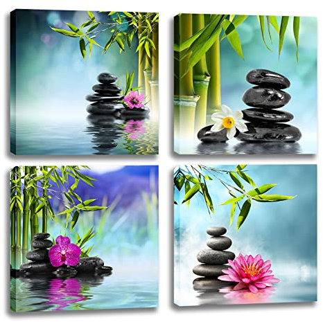 Toile murale zen à 4 panneaux – Impressions sur toile de 30,5 x 30,5 cm pour décoration de bureau, salon, chambre à coucher, salle de bain