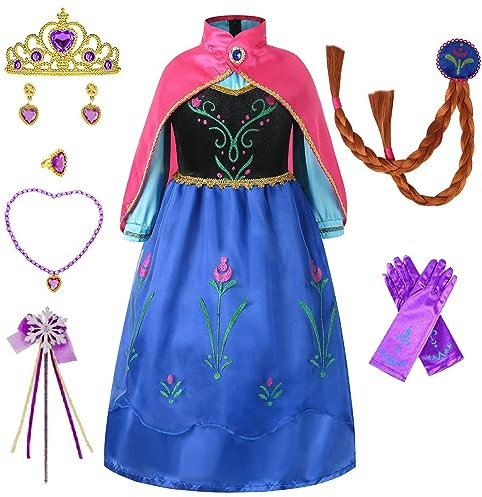 Timesun Mädchen Prinzessin Kostüm Karneval Birthday Party Kleider Eisprinzessin Set aus Diadem, Handschuhe, Zauberstab, Perücke,Halskette,Ohrringe,Ringe (rosarot, 140)